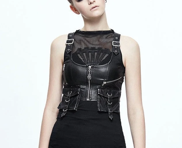 Black Vegan Leather Short Vest w/ Pockets