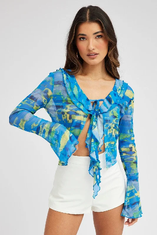 Blue Abstract Mesh Cardigan Long Sleeve