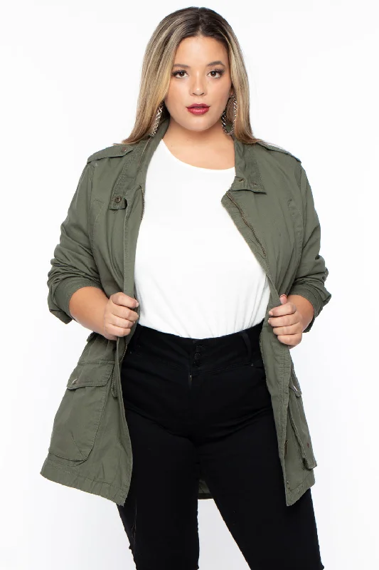 Plus Size Drawstring Utility Jacket - Olive