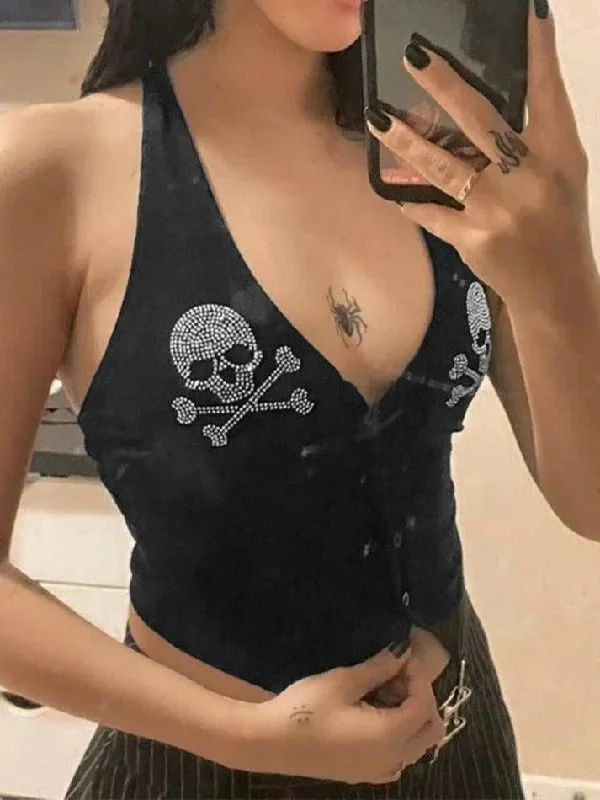 Rhinestone Skull Halter Ribbed Tank Top