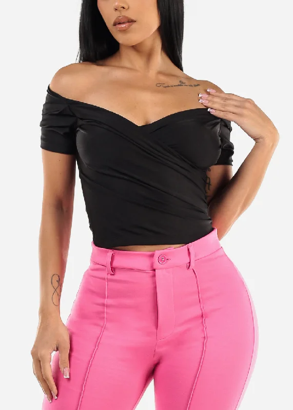 Short Sleeve Black Surplice Crop Top