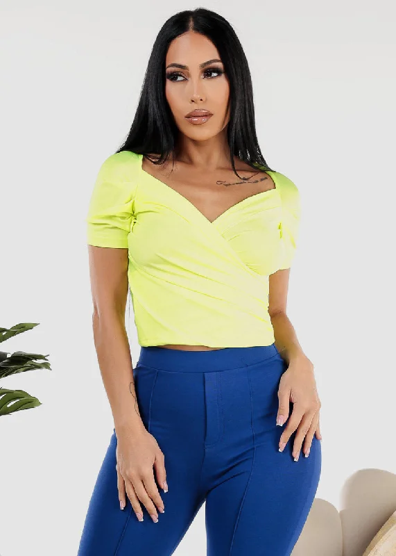 Short Sleeve Surplice Crop Top Neon Lime